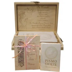 Pismo Święte z Pudełkiem i Grawerem Prezent  Komunia Bierzmowanie