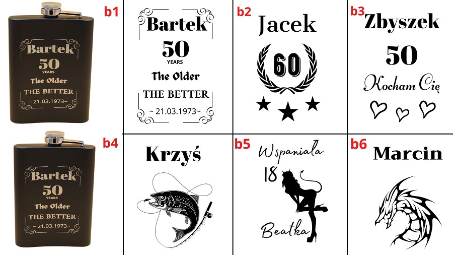 Personalizowane piersiówki z grawerem – różne wzory do wyboru. Zestaw eleganckich projektów grawerów, idealnych na prezent urodzinowy, wieczór kawalerski czy inne okazje. Możliwość dodania imienia, wieku oraz unikalnej grafiki.